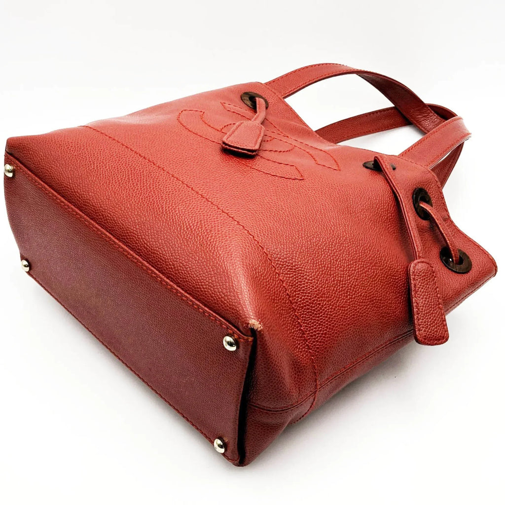 Pre-Owned CHANEL Tote Bag Drawstring Caviar Skin Wood Style Coco Mark Vintage Red Ladies (Good)