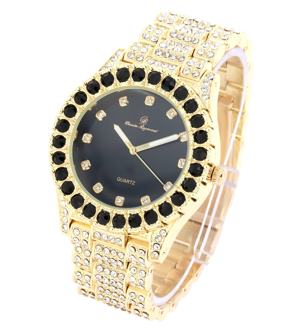 Charles Raymond Ice on Blast! Bling'ed Out Hip Hop Rolly Looks with Ice on Watch Trim and Band with Matching Zig Zag Bling'ed Out Necklace Sets - ZZ Necklace Sets(ST10327DX Gold - Black