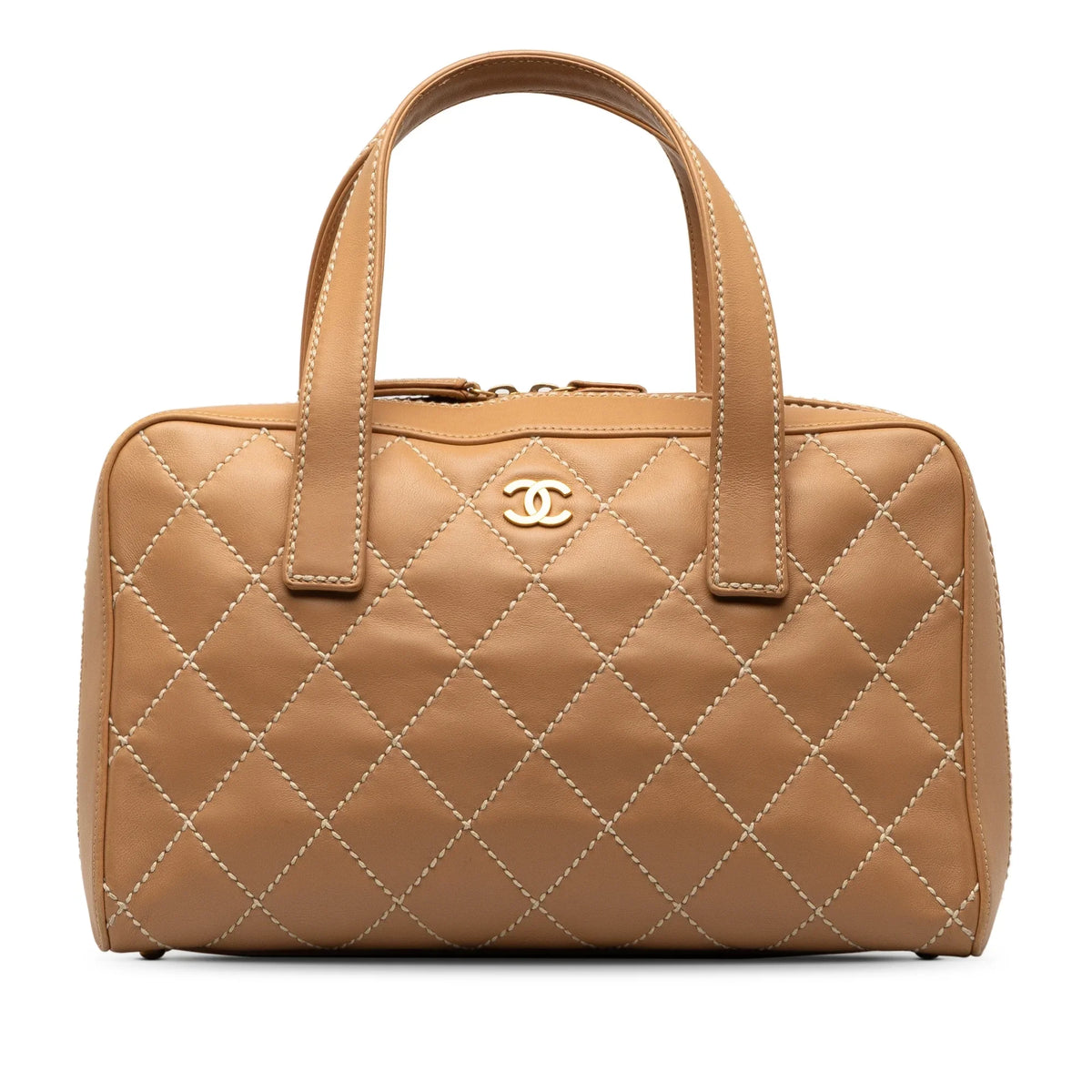 Pre-Owned Authenticated Chanel Wild Stitch Lambskin Handbag Leather Brown Top HandleBag Unisex (Good)