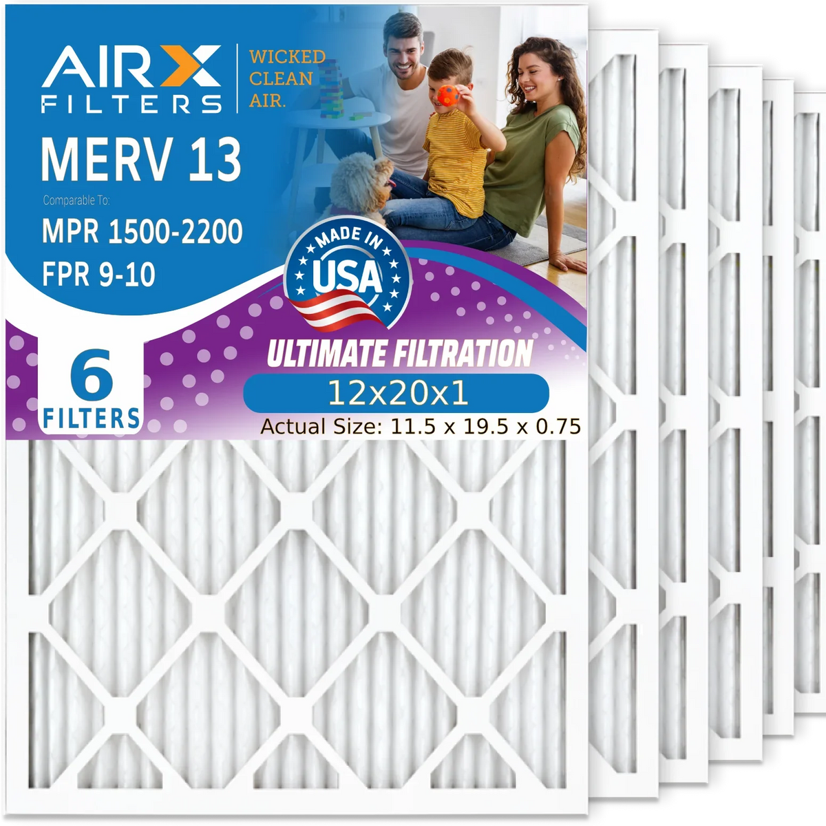 12x20x1 Air Filter MERV 13 Comparable to MPR 1500 - 2200 & FPR 9 Electrostatic Pleated Air Conditioner Filter 6 Pack HVAC AC Premium USA Made 12x20x1 Furnace Filters by AIRX FILTERS WICKED CLEAN AIR.