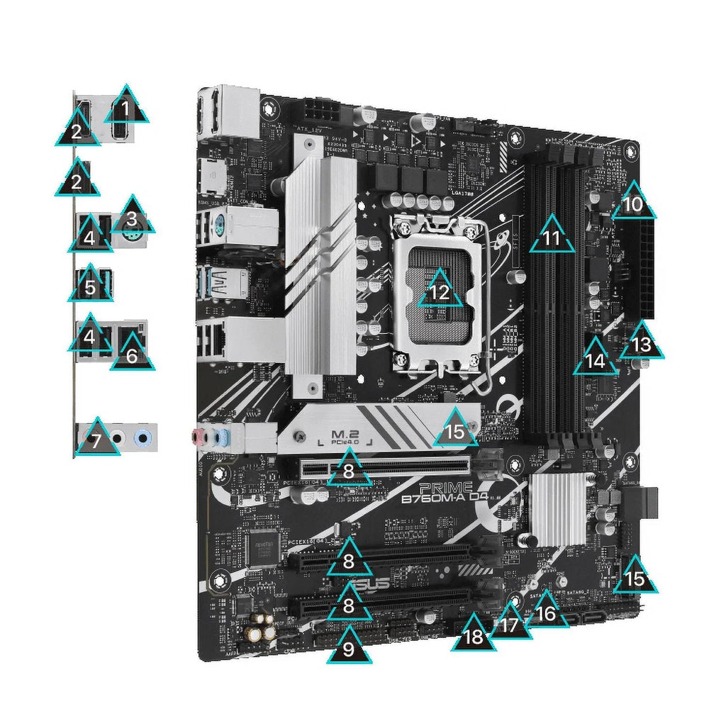 PRIME B760M-A D4 Intel B760 (LGA 1700)(13th and 12th Gen) mATX motherboard, PCIe 4.0, two M.2 slots, Realtek 2.5Gb Ethernet, DisplayPort, Dual HDMI, SATA 6 Gbps, rear USB 3.2 Gen 2, front USB 3
