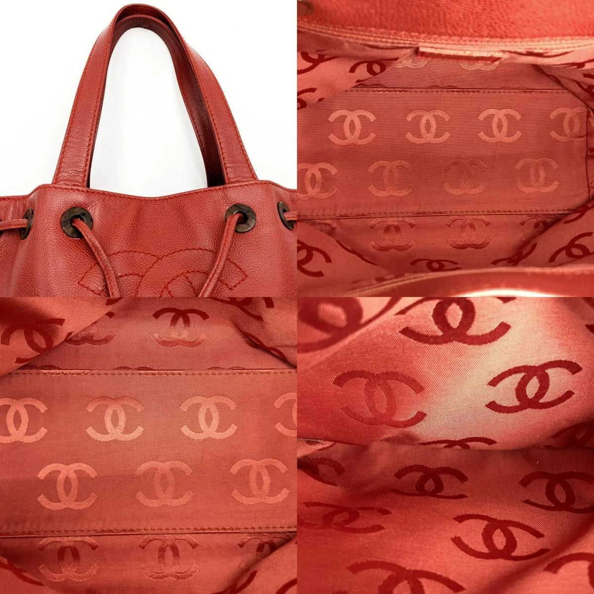 Pre-Owned CHANEL Tote Bag Drawstring Caviar Skin Wood Style Coco Mark Vintage Red Ladies (Good)