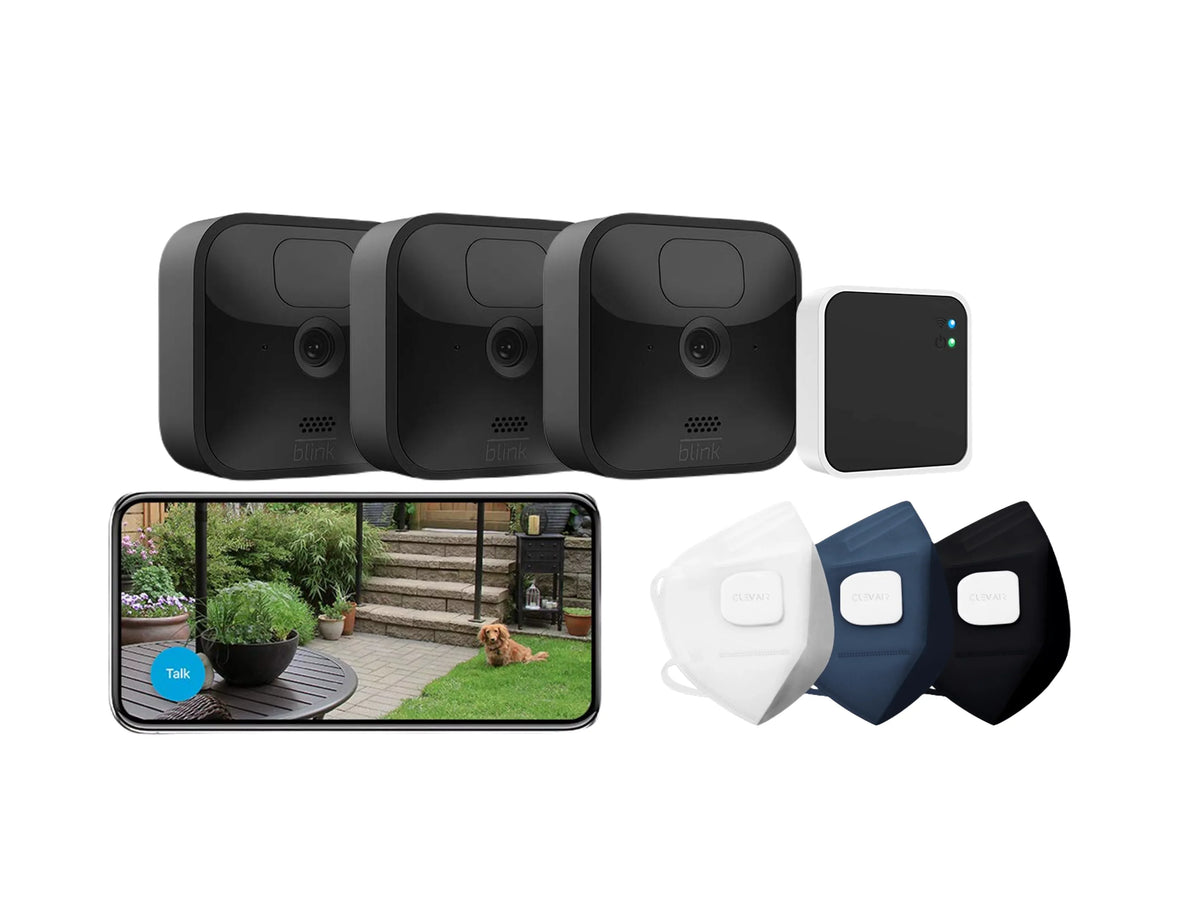 Playhardest Outdoor Wireless Battery-powered, Motion Detecting, Weather Resistant Security Camera System Kit with Clevair 3-Mask Purifying Fan Set (Black - 3 Cam) (3 Camera Set)