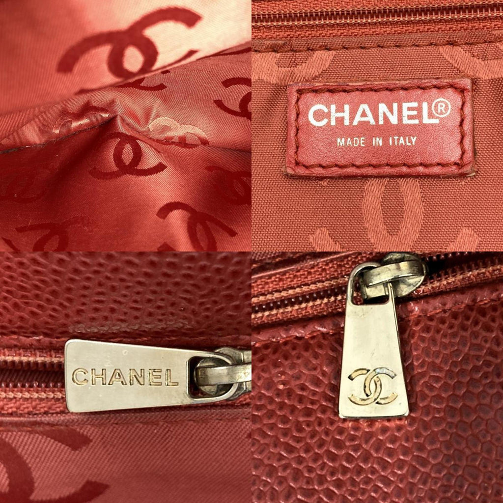 Pre-Owned CHANEL Tote Bag Drawstring Caviar Skin Wood Style Coco Mark Vintage Red Ladies (Good)