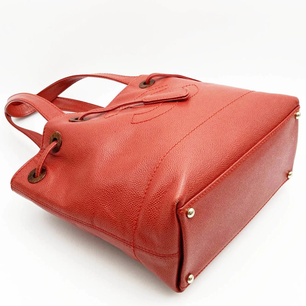 Pre-Owned CHANEL Tote Bag Drawstring Caviar Skin Wood Style Coco Mark Vintage Red Ladies (Good)