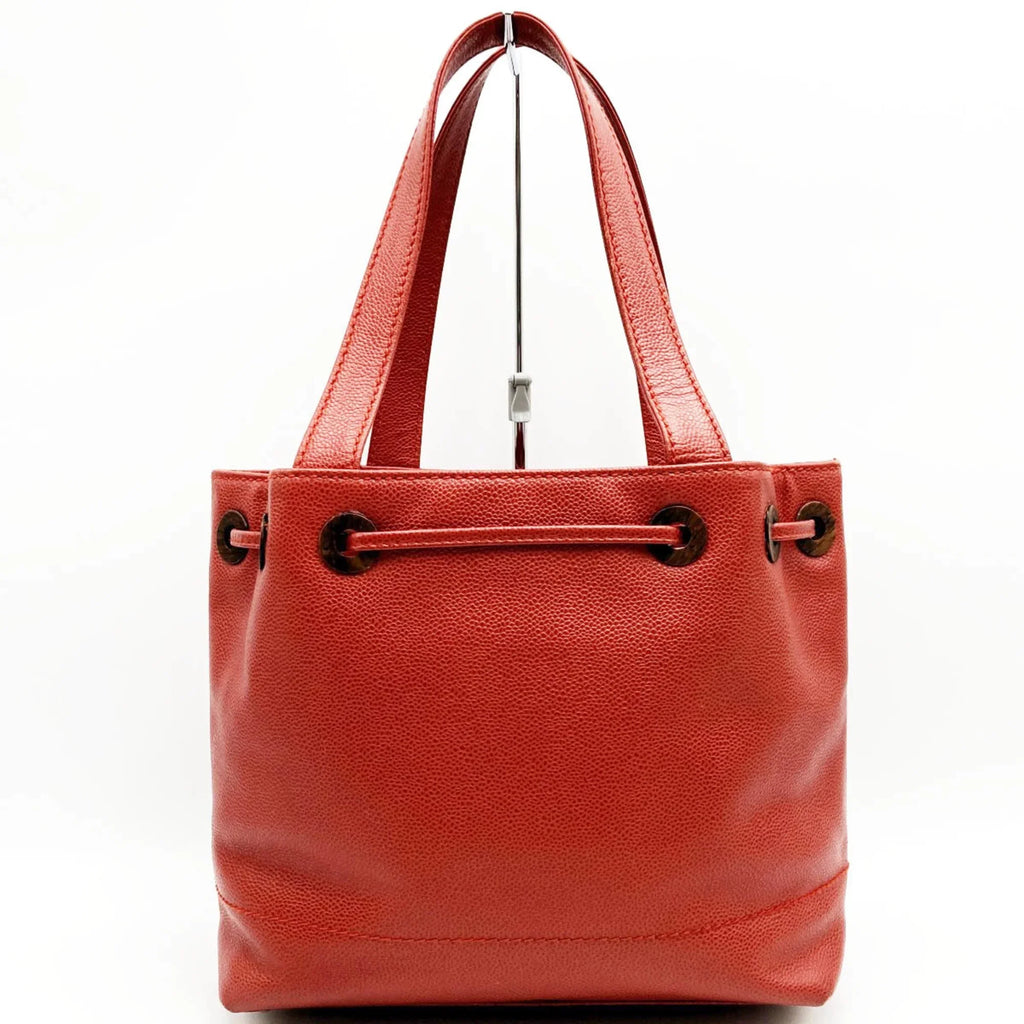 Pre-Owned CHANEL Tote Bag Drawstring Caviar Skin Wood Style Coco Mark Vintage Red Ladies (Good)