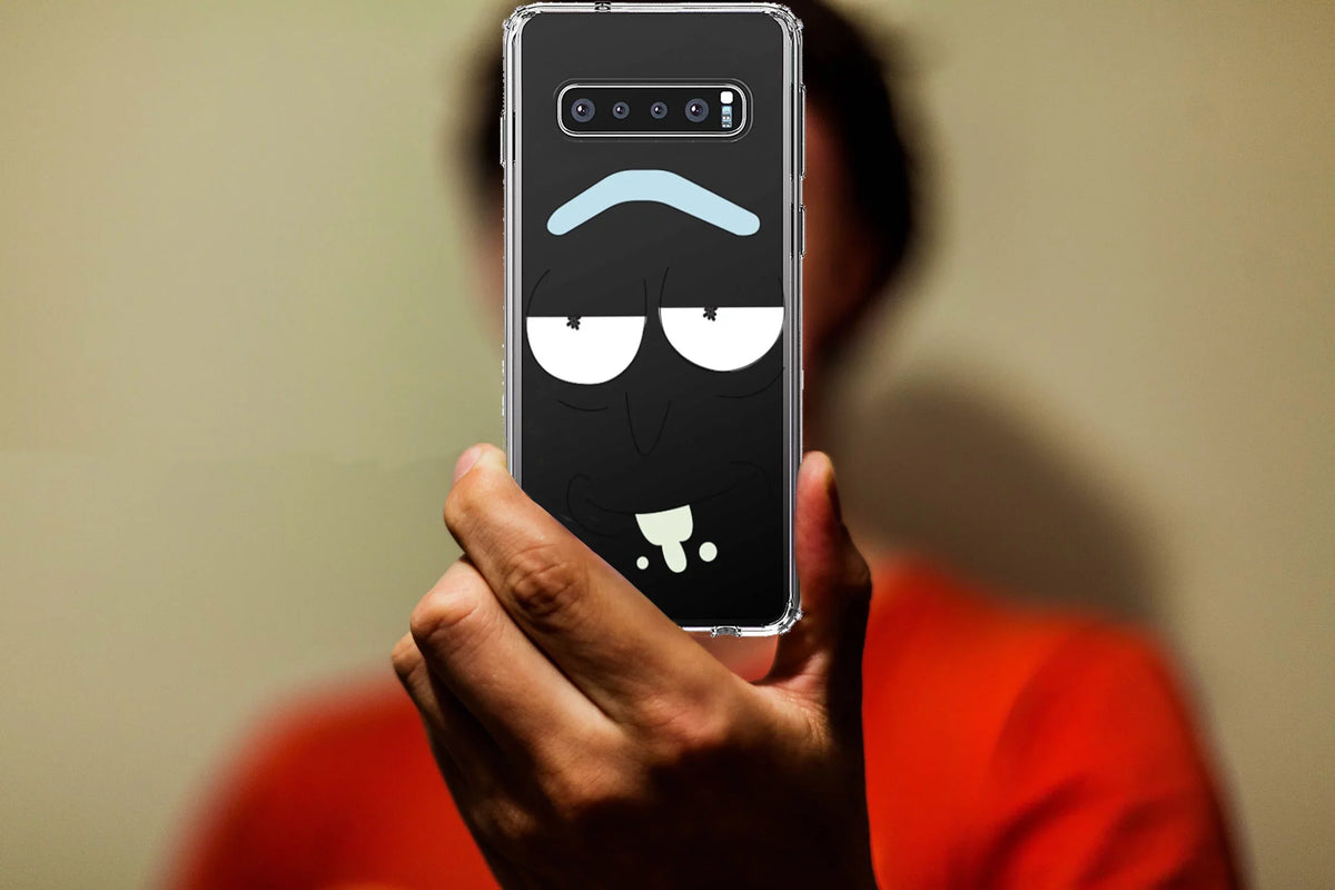 DistinctInk Clear Shockproof Hybrid Case for Samsung Galaxy S10+ PLUS(6.4" Screen) - TPU Bumper, Acrylic Back, Tempered Glass Screen Protector - "Wubba Lubba Dub Dub" Face