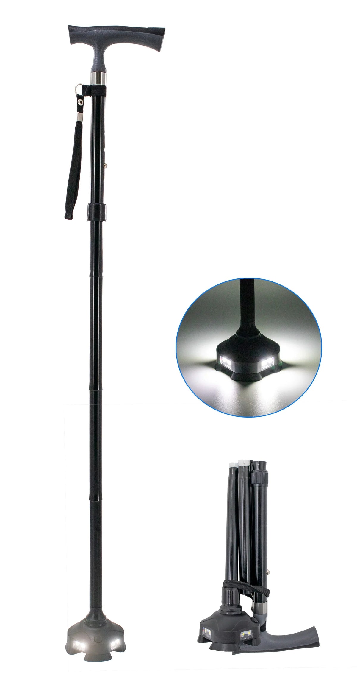Folding Walking Cane with 8 LED Lights - Adjustable Height for Men, Women, Seniors - Self Standing Folding Posture Support Cane, Portable Collapsible Cane, Comfortable and Lightweight