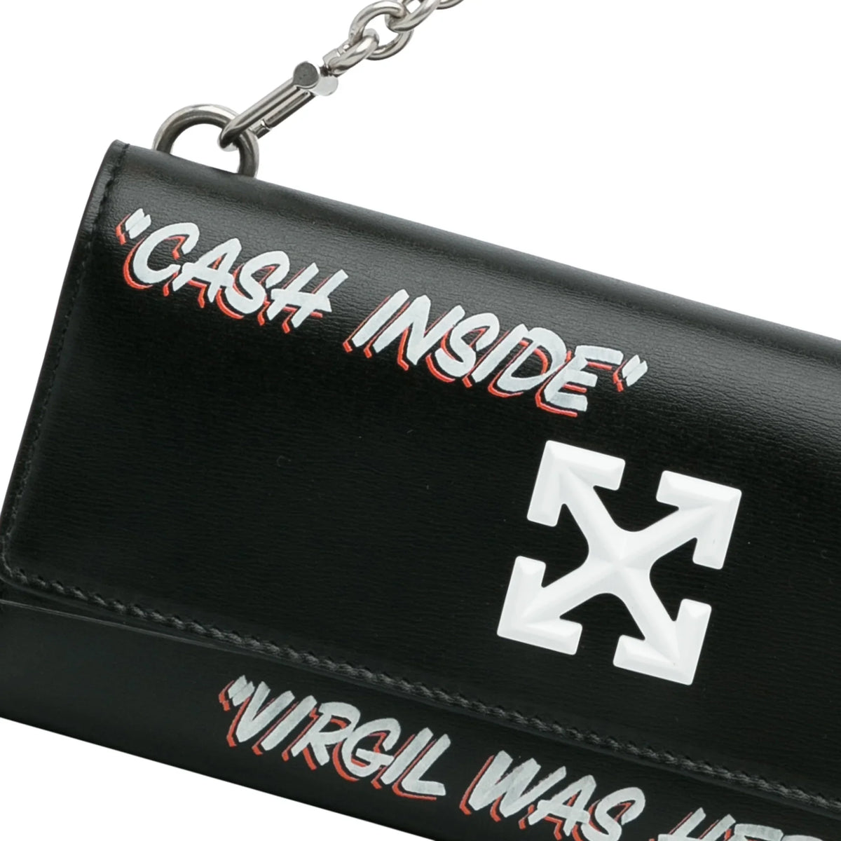 Pre-Owned Authenticated Off-White Jitney Quote Wallet on Chain Calf Leather Black Shoulder Bag Unisex (Like New)