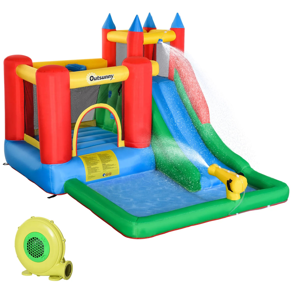 POWANLI Outsunny 6-in-1 Kids Bounce House Air-filled Water Slide with Pool, Water Cannon, Climbing Wall, Inflator Included, Jumping Castle Kids Backyard Activity Outdoor Water Play Toy