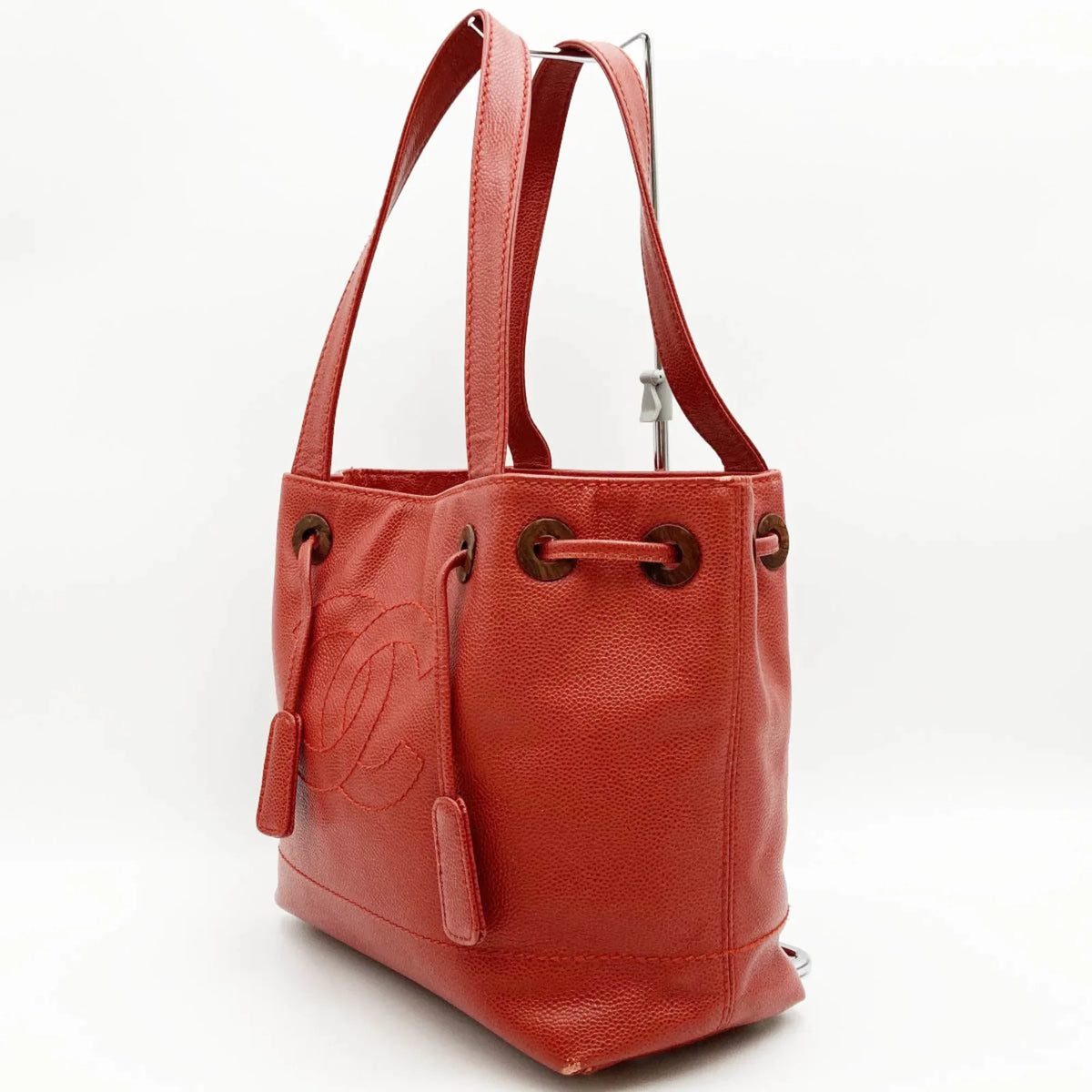 Pre-Owned CHANEL Tote Bag Drawstring Caviar Skin Wood Style Coco Mark Vintage Red Ladies (Good)