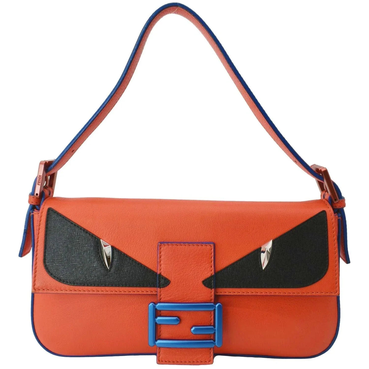 Pre-owned FENDI Monster Eye Baguette Calfskin Leather Crossbody Bag Orange