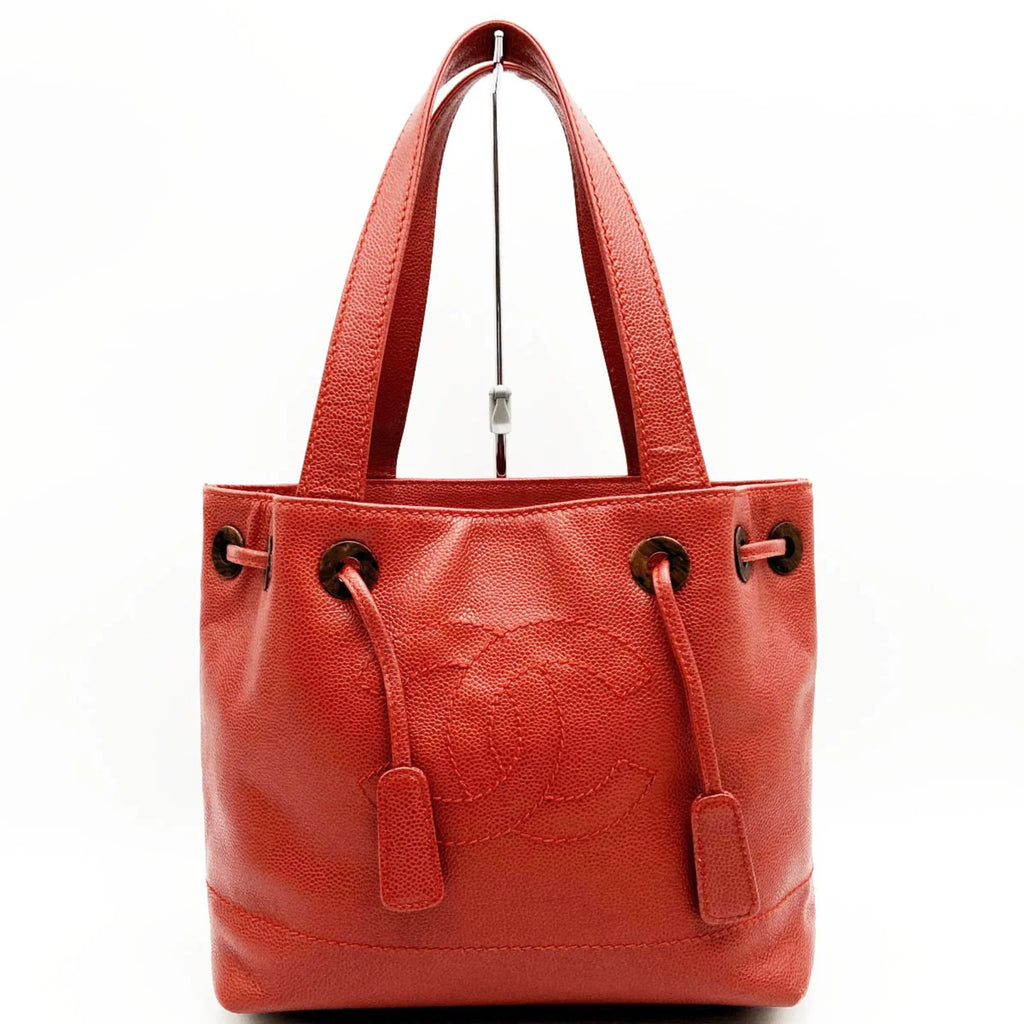 Pre-Owned CHANEL Tote Bag Drawstring Caviar Skin Wood Style Coco Mark Vintage Red Ladies (Good)
