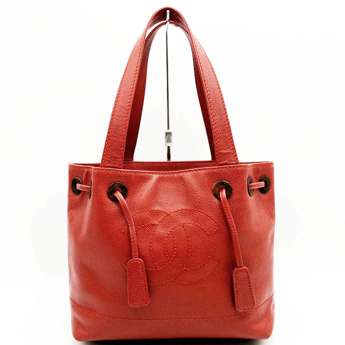 Pre-Owned CHANEL Tote Bag Drawstring Caviar Skin Wood Style Coco Mark Vintage Red Ladies (Good)