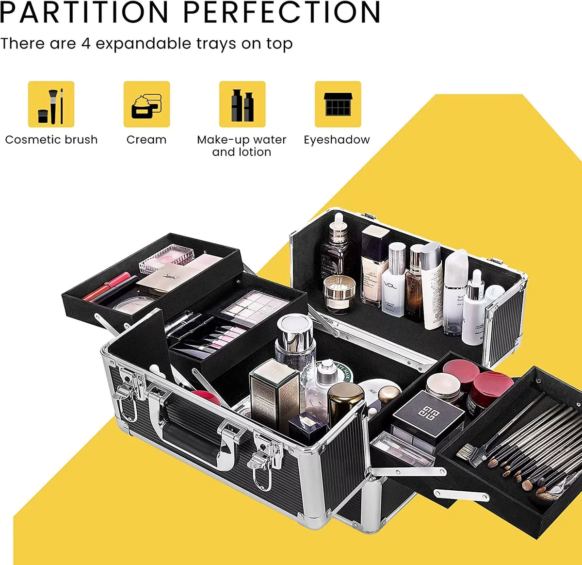 VIVOHOME 4 in 1 Makeup Rolling Train Case Aluminum Trolley Professional Cosmetic Organizer Box with Shoulder Straps 2 Keys Black(Cosmetic are not included)