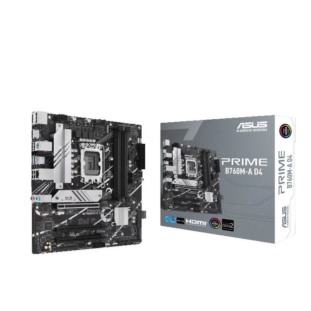 PRIME B760M-A D4 Intel B760 (LGA 1700)(13th and 12th Gen) mATX motherboard, PCIe 4.0, two M.2 slots, Realtek 2.5Gb Ethernet, DisplayPort, Dual HDMI, SATA 6 Gbps, rear USB 3.2 Gen 2, front USB 3