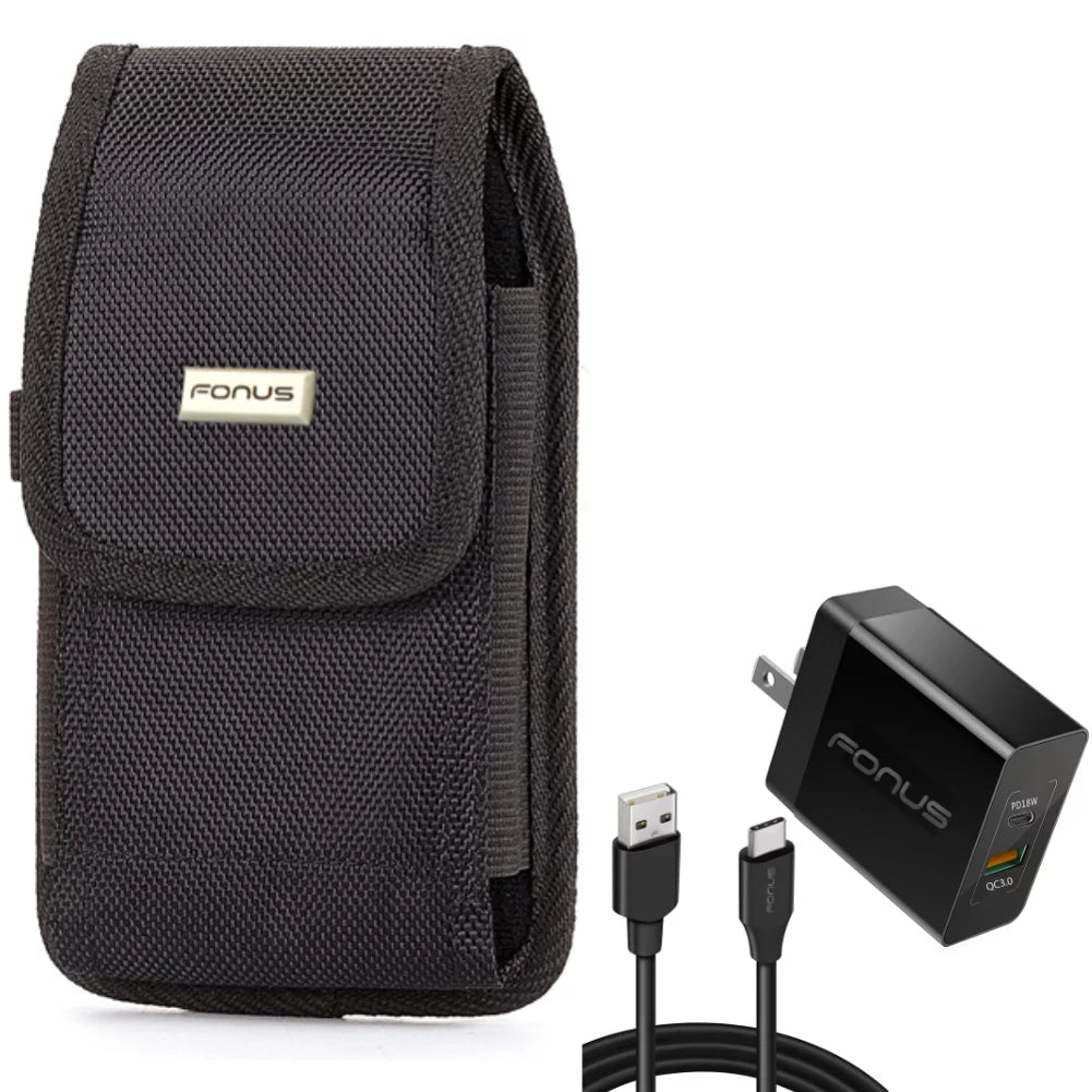 6ft Long Cable Fast Type-C 36W PD Home Charger w Holster Rugged Case Belt Clip for Nokia X100, G10 G300 - Nubia RedMagic 5S - OnePlus 7T, 6T, 8, 6, 9, Nord N200 5G N100 N10 5G, Pro, UW