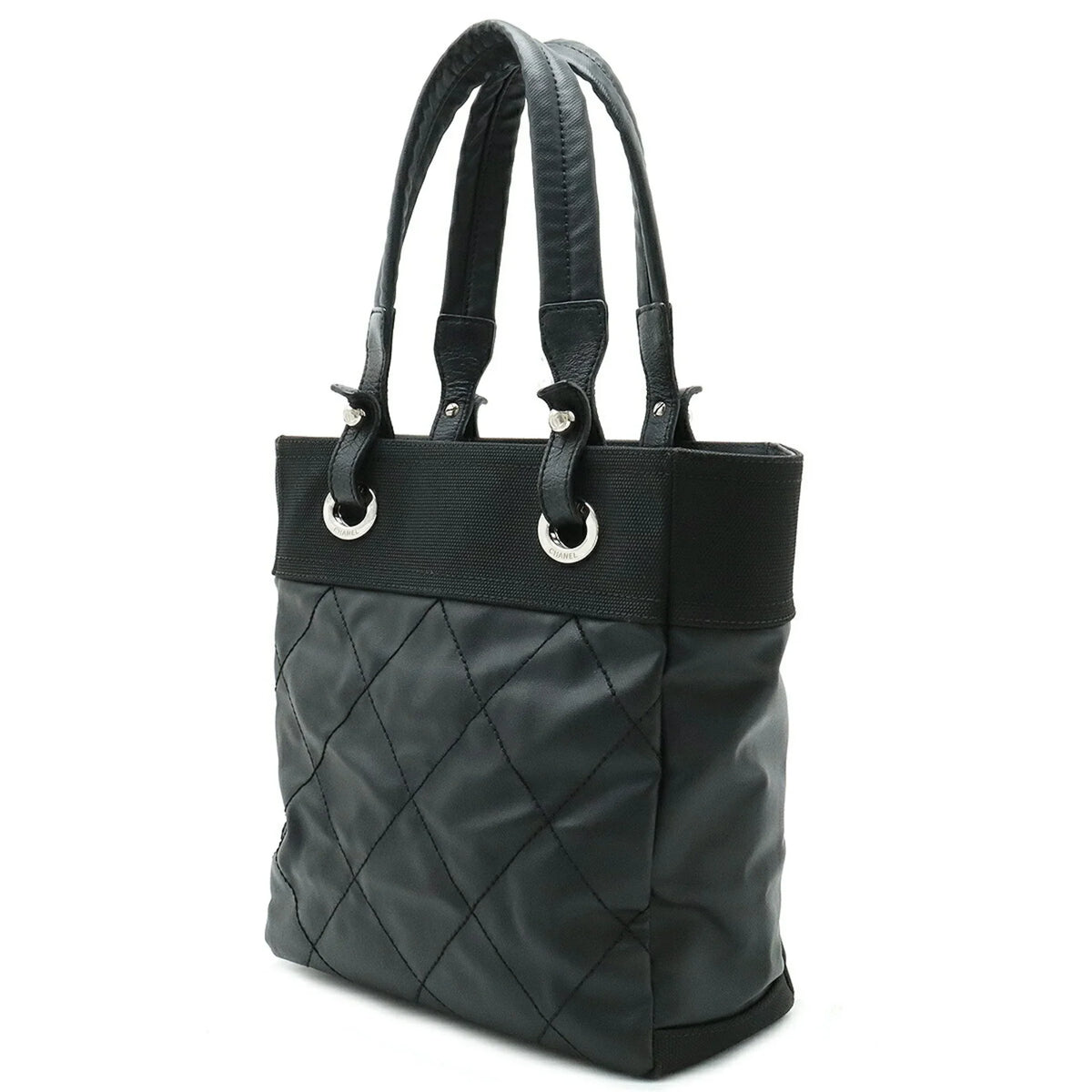 Pre-Owned CHANEL Paris Biarritz Tote PM Bag Shoulder Coated Canvas Leather Black A34208 (Good)