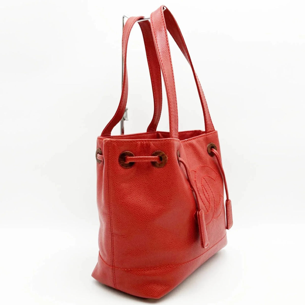 Pre-Owned CHANEL Tote Bag Drawstring Caviar Skin Wood Style Coco Mark Vintage Red Ladies (Good)